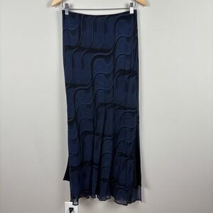 Vintage Express Maxi Skirt Womens Medium Blue Black Silk Slip Y2K Whimsigoth 90s